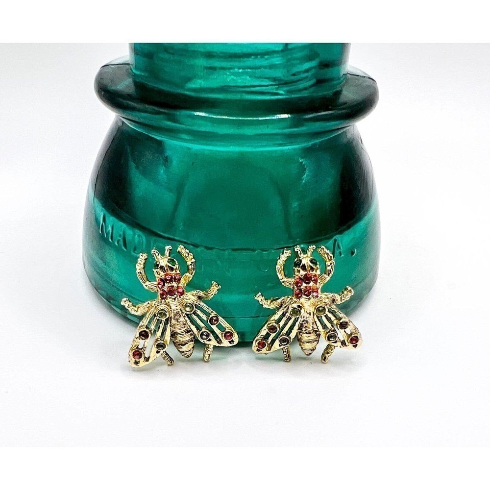 Retro Bug Brooch Duo Vintage Fly Insect Pair Gold Tone Green Pink Rhinestones - Picture 4 of 6